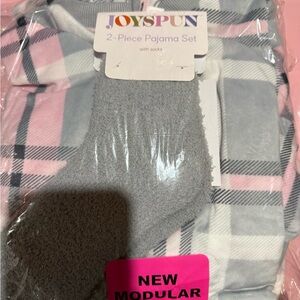 Joyspun Women's Pink and Gray Plaid Pajama Set Sz L